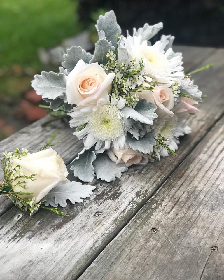 white rose bouquet and boutonniere with lambs ear