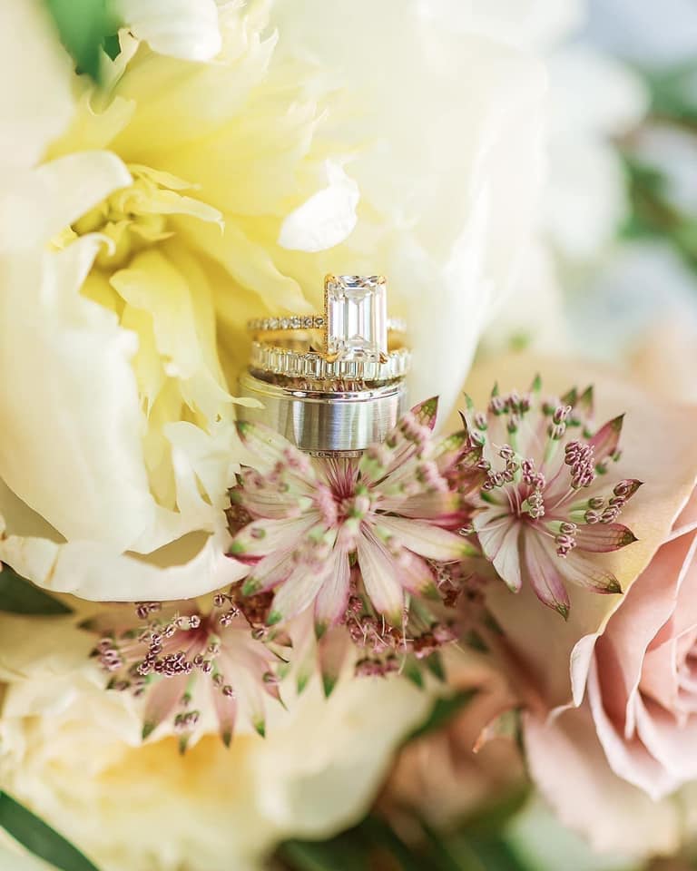 wedding rings inside wedding bouquet