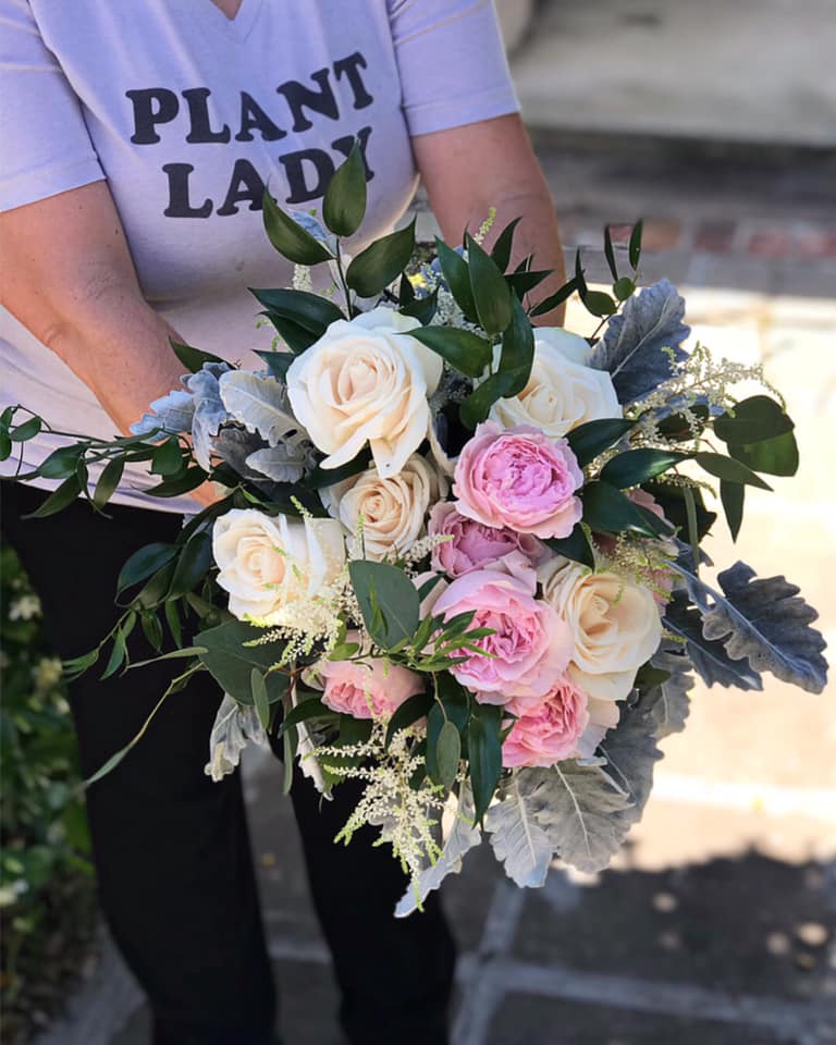 white and pink bouquet with roses and peonies