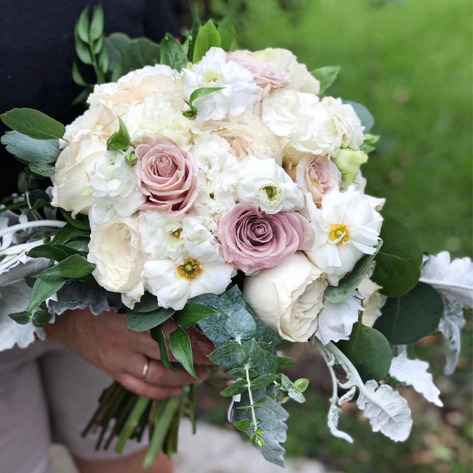 large white and lavender bridal bouquet