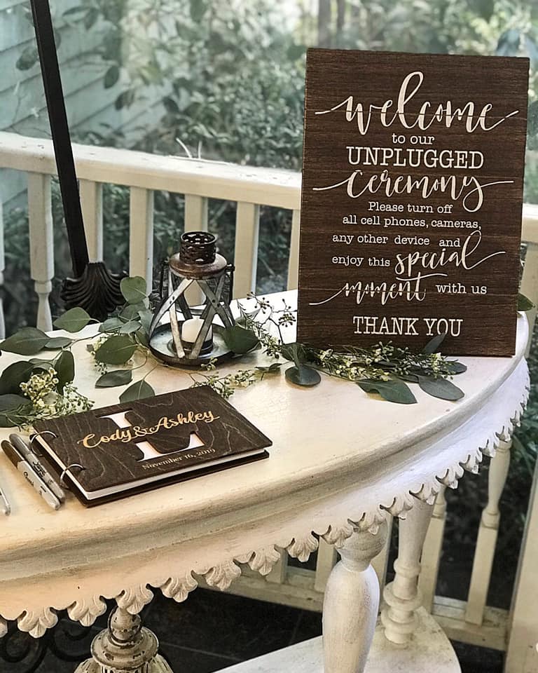 unplugged ceremony sign and guest book for wedding