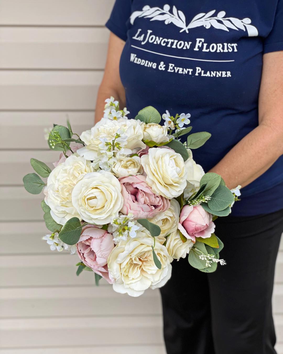 white and blush peony and rose bridal bouquet